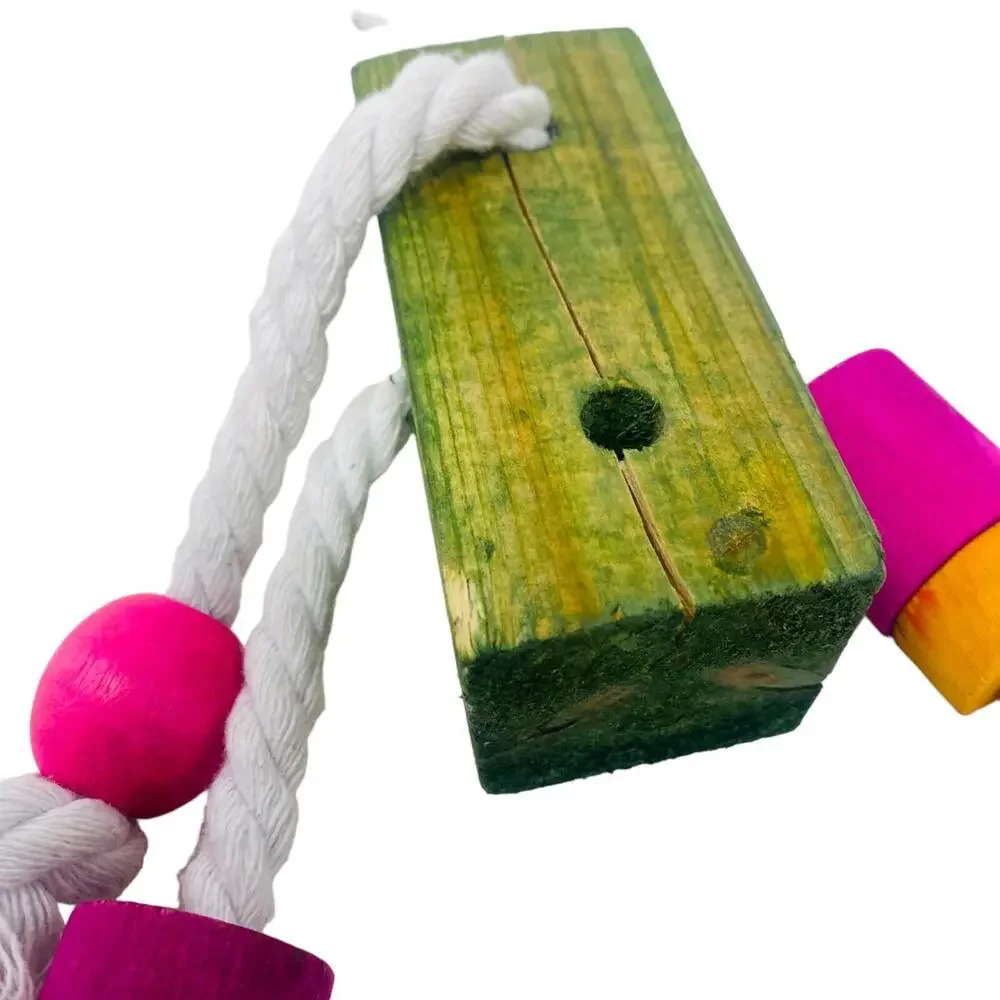 Big Wooden Block w/Cotton Rope & more Small wooden pieces on it Bird Chew Toy